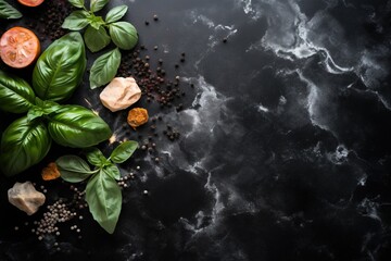  basil leaves, tomatoes, and other ingredients on a black surface with a white swirl in the middle of the image and a black background.  generative ai