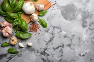 Obraz na płótnie Canvas garlic, basil, and pepper on a cutting board on a marble counter top with a cutting board with spices and herbs on top of it. generative ai