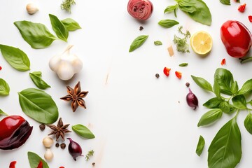 a table topped with lots of different types of vegetables and herbs on top of a white surface with a star anise on top of the table.  generative ai