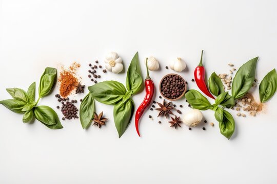  a group of spices and herbs on a white background with copy space for writing or writing on the top of the image is a pepper, basil, pepper, basil, garlic, pepper, pepper,.  generative ai