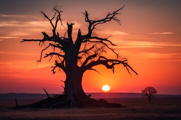  a tree in a field with the sun setting in the background and a tree in the foreground with no leaves on the tree, and the sun setting in the distance.  generative ai
