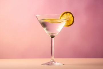 a martini glass with a lemon slice on the rim and a pink background with a light pink background and a light pink wall behind it.  generative ai