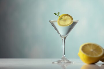  a glass of lemonade with a slice of lemon on the rim of the glass next to the glass is half - filled with water and half - filled with lemons.  generative ai