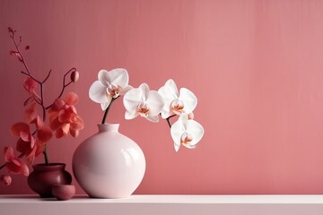  two vases with flowers on a shelf in front of a pink wall and a pink wall in the background with only one flower in the vase.  generative ai