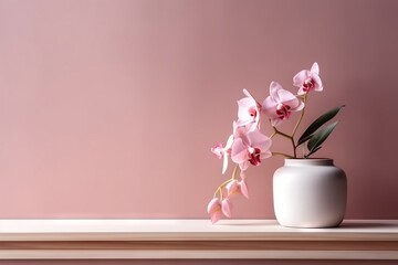 a white vase with pink flowers on a shelf in front of a pink wall and a pink wall in the background with a white vase with pink flowers.  generative ai