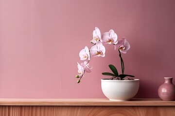  a pink wall with a white vase and a pink flower on a shelf with a pink vase and a pink wall in the back ground.  generative ai