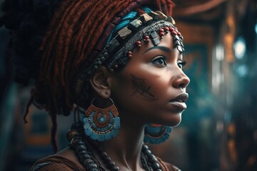 Naklejka premium Beautiful black female, African tribe Generative AI