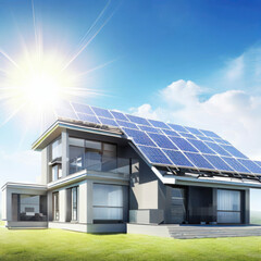 Naklejka premium Modern home with solar panels on the roof under a bright sky, generative AI