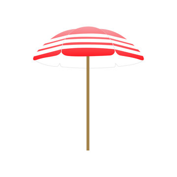 Red parasol with white stripes, on a brown leg, close-up, isolated, on a transparent and white background. Element for design decoration. Vector image, illustration, graphic design.