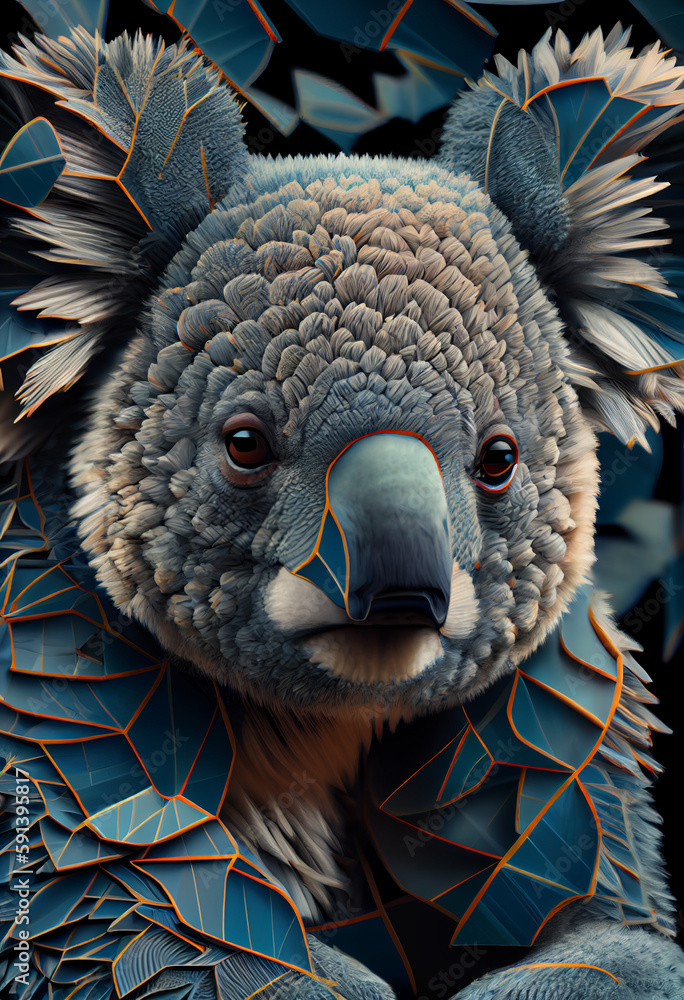 Poster A complex, multi-layered pattern of interlocking shapes that resembles aKoala's face.  Generative AI technology.	