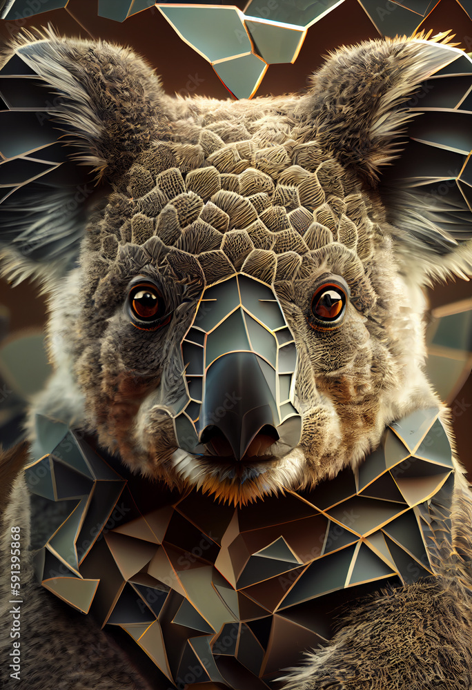 Poster A complex, multi-layered pattern of interlocking shapes that resembles aKoala's face.  Generative AI technology.	