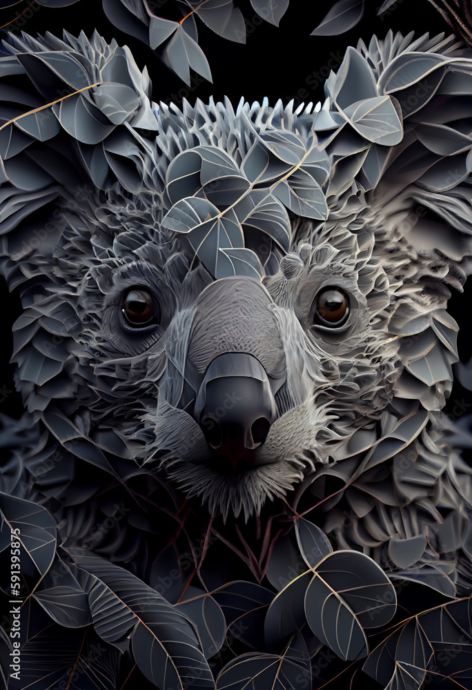 Poster A complex, multi-layered pattern of interlocking shapes that resembles aKoala's face.  Generative AI technology.	