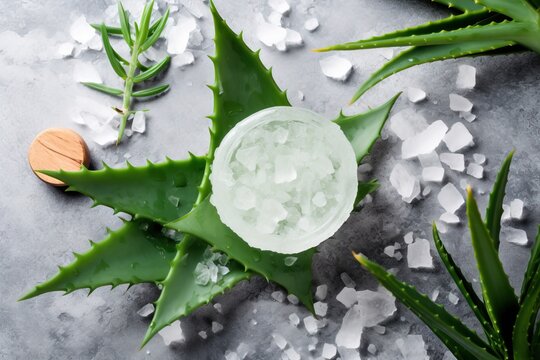  a aloei plant with ice on it and a piece of wood in the middle of the plant with a piece of ice on it.  generative ai