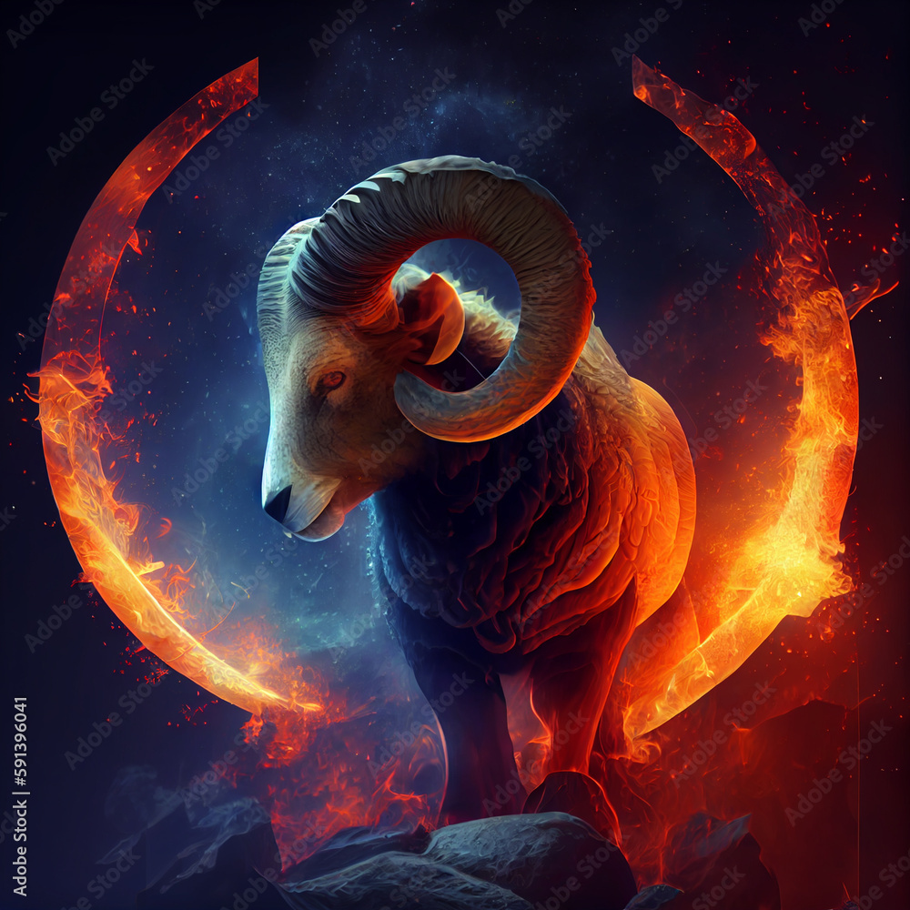 Poster the zodiac sign aries of is in a fiery environment, fire and energy. generative ai technology.