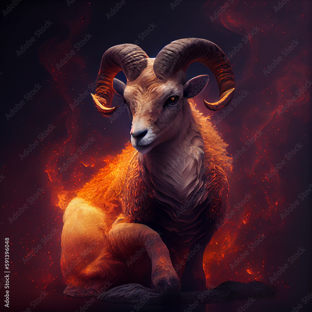 Poster the zodiac sign aries of is in a fiery environment, fire and energy. generative ai technology.