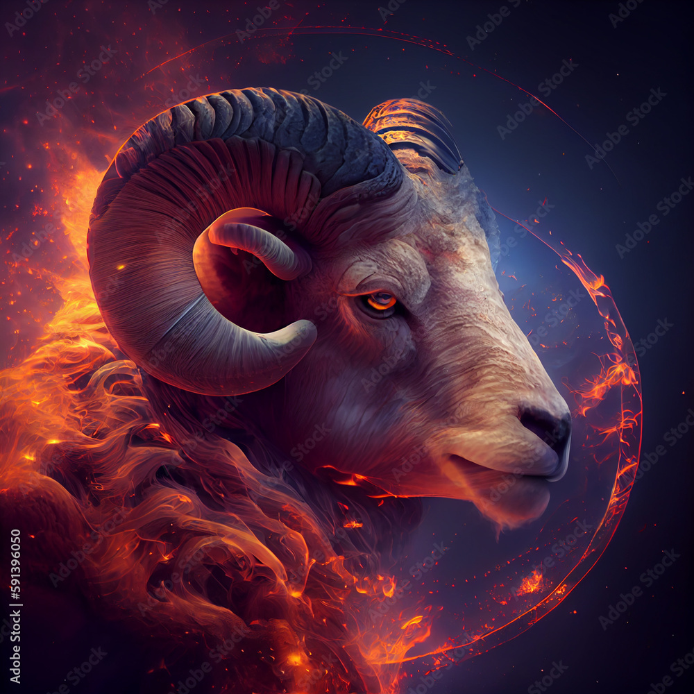 Poster the zodiac sign aries of is in a fiery environment, fire and energy. generative ai technology.
