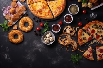 a pizza, onion rings, onion rings, and other foods are arranged on a black surface with a dark background and a variety of toppings.  generative ai
