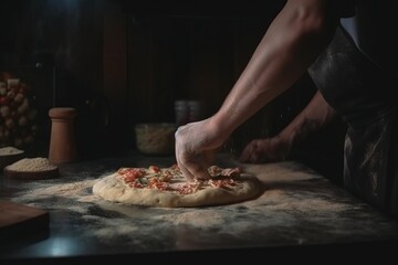  a person making a pizza on top of a counter top with a pizza cutter and a pizza crust on the counter top next to it.  generative ai