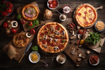  a table topped with pizzas and other foods on top of a wooden table next to bowls of vegetables and a knife and a bowl of pasta.  generative ai