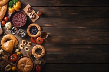  a table topped with bread and other foods on top of a wooden table next to a plate of fruit and a bowl of dips.  generative ai
