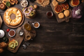 Obraz na płótnie Canvas a table topped with lots of different types of food and drinks next to a cutting board with a pizza on top of it next to other foods. generative ai