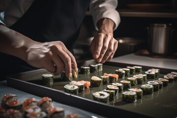 Fototapeta na wymiar a person is putting sushi on a tray in a kitchen with other sushi on the table and on the tray is another sushi on the table. generative ai