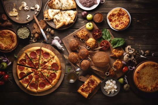  a table topped with pizza and other foods on top of a wooden table next to plates of food and utensils and a knife.  generative ai