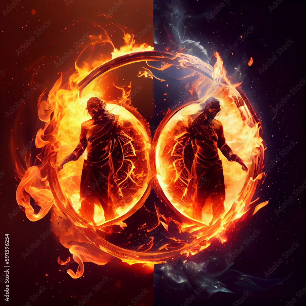 Poster the zodiac sign gemini of is in a fiery environment, fire and energy. generative ai technology.