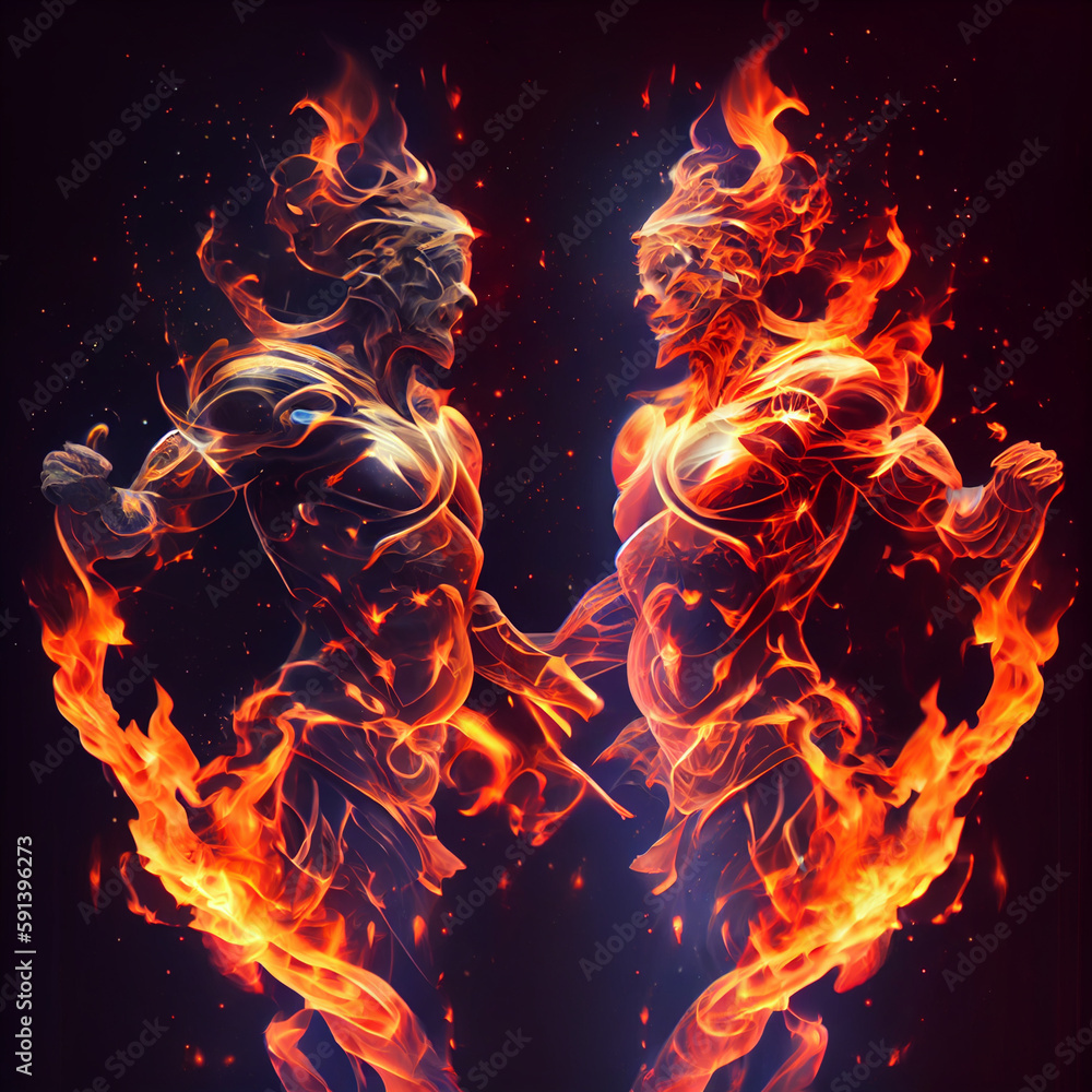 Poster the zodiac sign gemini of is in a fiery environment, fire and energy. generative ai technology.