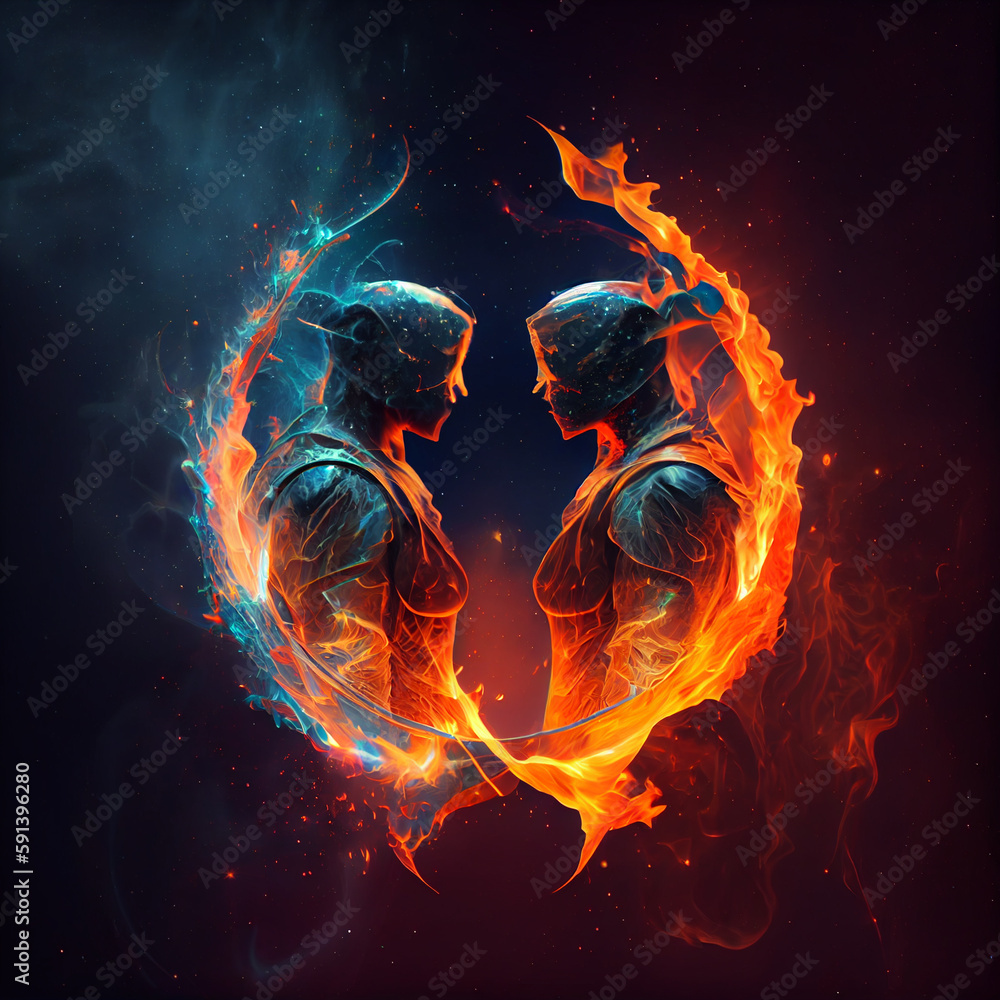 Poster the zodiac sign gemini of is in a fiery environment, fire and energy. generative ai technology.