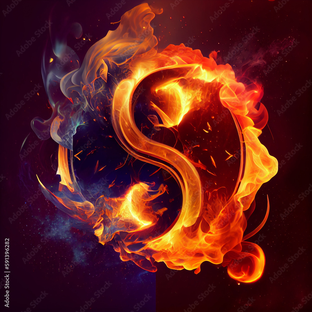 Poster the zodiac sign gemini of is in a fiery environment, fire and energy. generative ai technology.