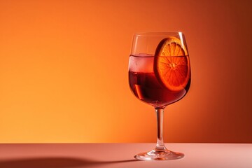  a glass of wine with a slice of orange in the middle of the glass and a half of the wine in the middle of the glass.  generative ai