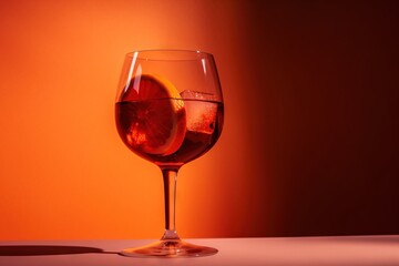  a glass of wine with a slice of orange on the side of it and a half of a grape in the middle of the glass.  generative ai