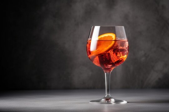  a glass of wine with a slice of orange on the rim of it and a black background behind it, with a dark spot in the middle of the photo.  generative ai
