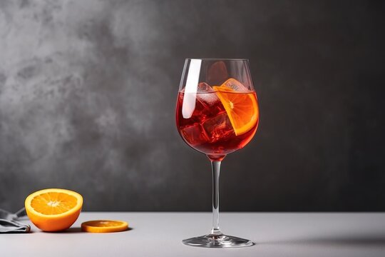  a glass of red wine with an orange slice next to it on a white table with a gray background and a knife and a fork.  generative ai