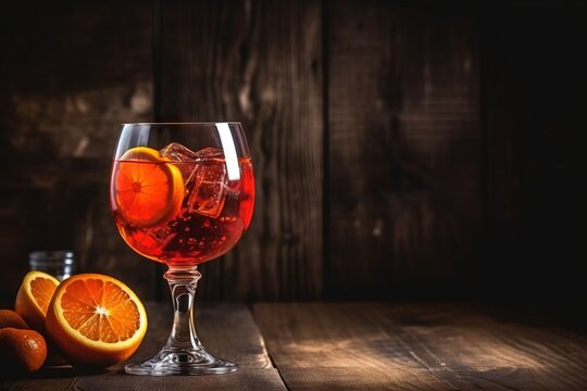  a glass of wine with orange slices and a bottle of wine on a table with a wooden wall in the background and a bottle of wine in the foreground.  generative ai