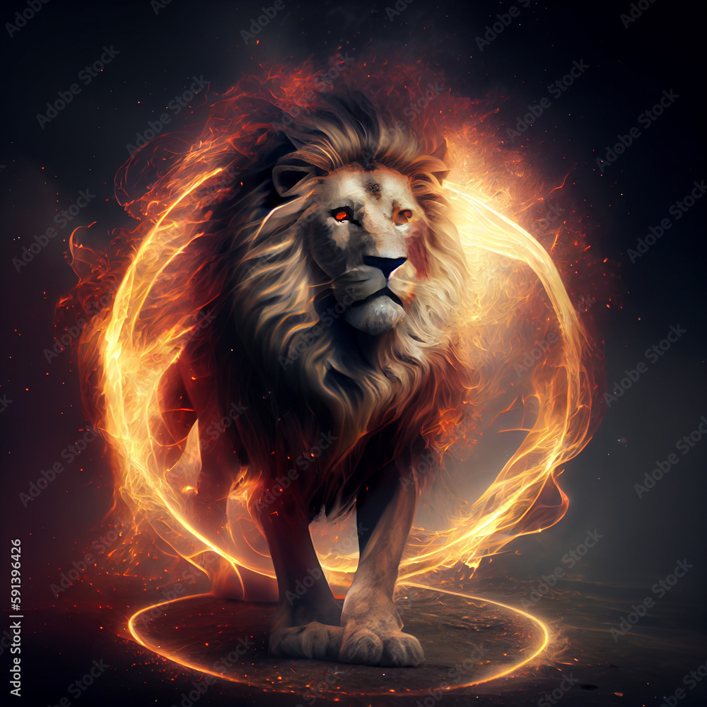 Poster the zodiac sign leo of is in a fiery environment, fire and energy. generative ai technology.