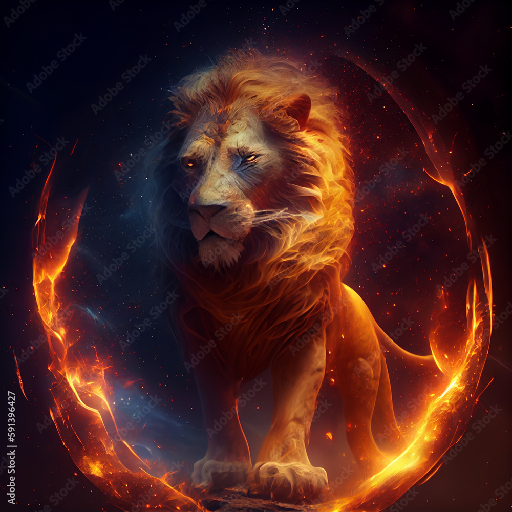 Poster the zodiac sign leo of is in a fiery environment, fire and energy. generative ai technology.