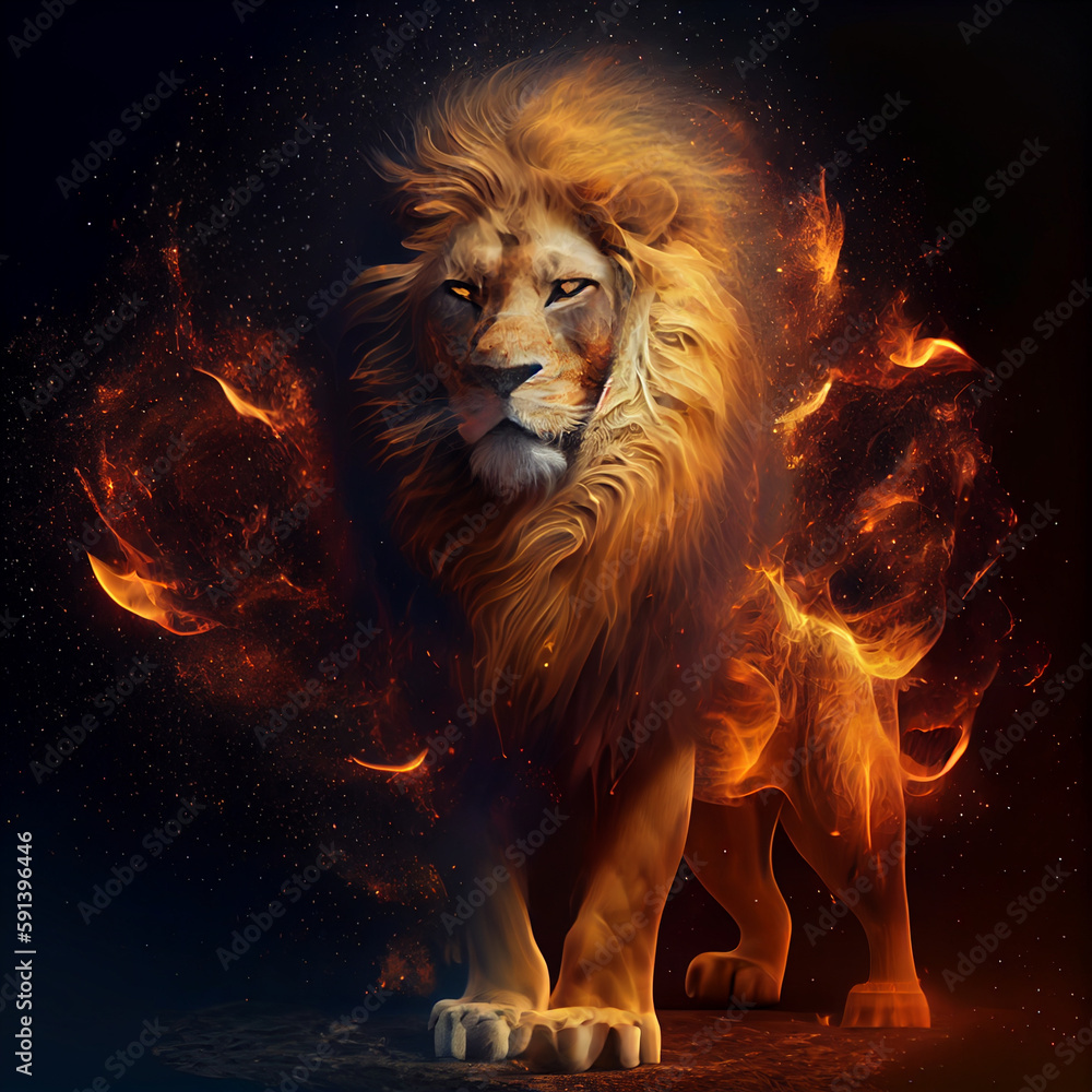 Poster the zodiac sign leo of is in a fiery environment, fire and energy. generative ai technology.