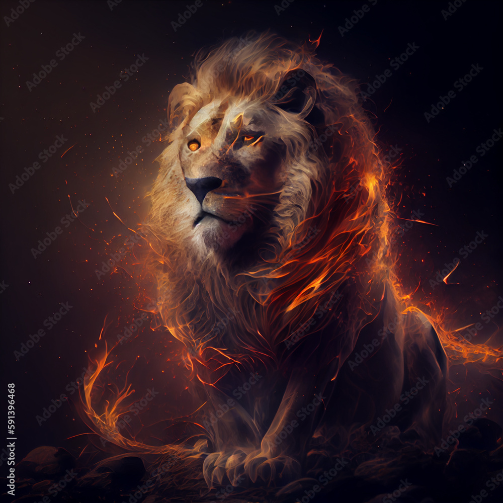 Poster the zodiac sign leo of is in a fiery environment, fire and energy. generative ai technology.