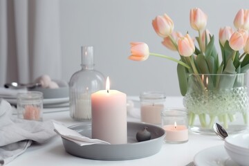 Obraz na płótnie Canvas a white table with a vase of flowers and a lit candle on top of a plate with a fork and spoon on it and a glass vase with flowers in the background. generative ai
