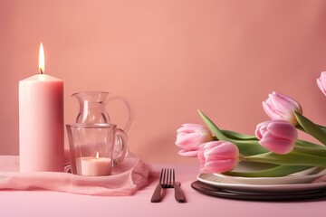 Fototapeta na wymiar a pink table setting with a candle, plate, and flowers on a pink table cloth with a pink background and a glass vase with pink tulips. generative ai