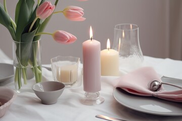 Obraz na płótnie Canvas a table set with a vase of tulips, a candle, and a plate with a pink napkin on it and a pink napkin. generative ai