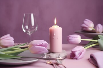 Obraz na płótnie Canvas a lit candle sitting on top of a table next to a plate of food and a glass of wine on a tablecloth covered with tulips. generative ai