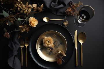  a table setting with a black plate and gold cutlery and a black napkin and a rose centerpiece and a black napkin and a black napkin.  generative ai