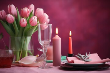  a pink table setting with candles and pink tulips in a vase and a plate with a pink napkin and a glass with a candle.  generative ai