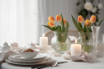 a white table topped with plates and vases filled with tulips next to a white table cloth covered table with white plates and silverware.  generative ai