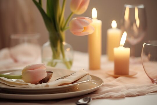  a table with a white plate and a vase with pink tulips in it and a candle on the side of the plate and a white napkin.  generative ai