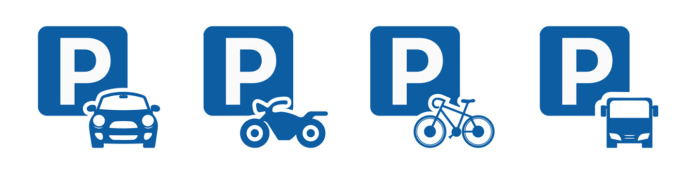 Vector Sets of Parking Lots. Letter P Parking Symbol Sign. Car, Vehicle, motorbike, bicycle, truck, and car parking sign. Vector.
