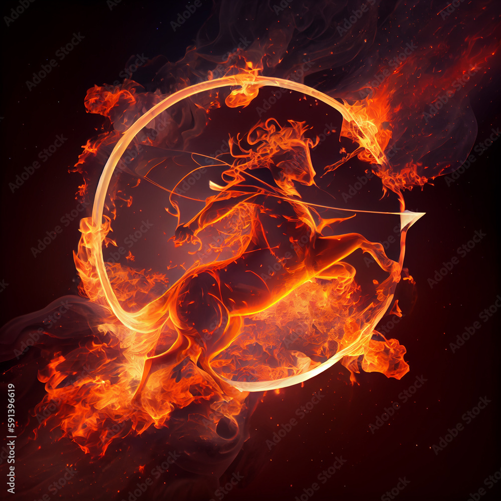 Poster the zodiac sign sagittarius of is in a fiery environment, fire and energy. generative ai technology.
